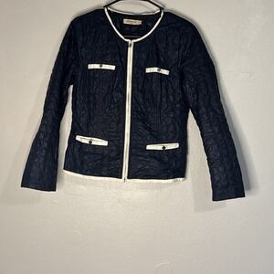 Rare Escandelle Paris Quilted Jacket Navy‎ White Trim Pockets Full Zip Women's M